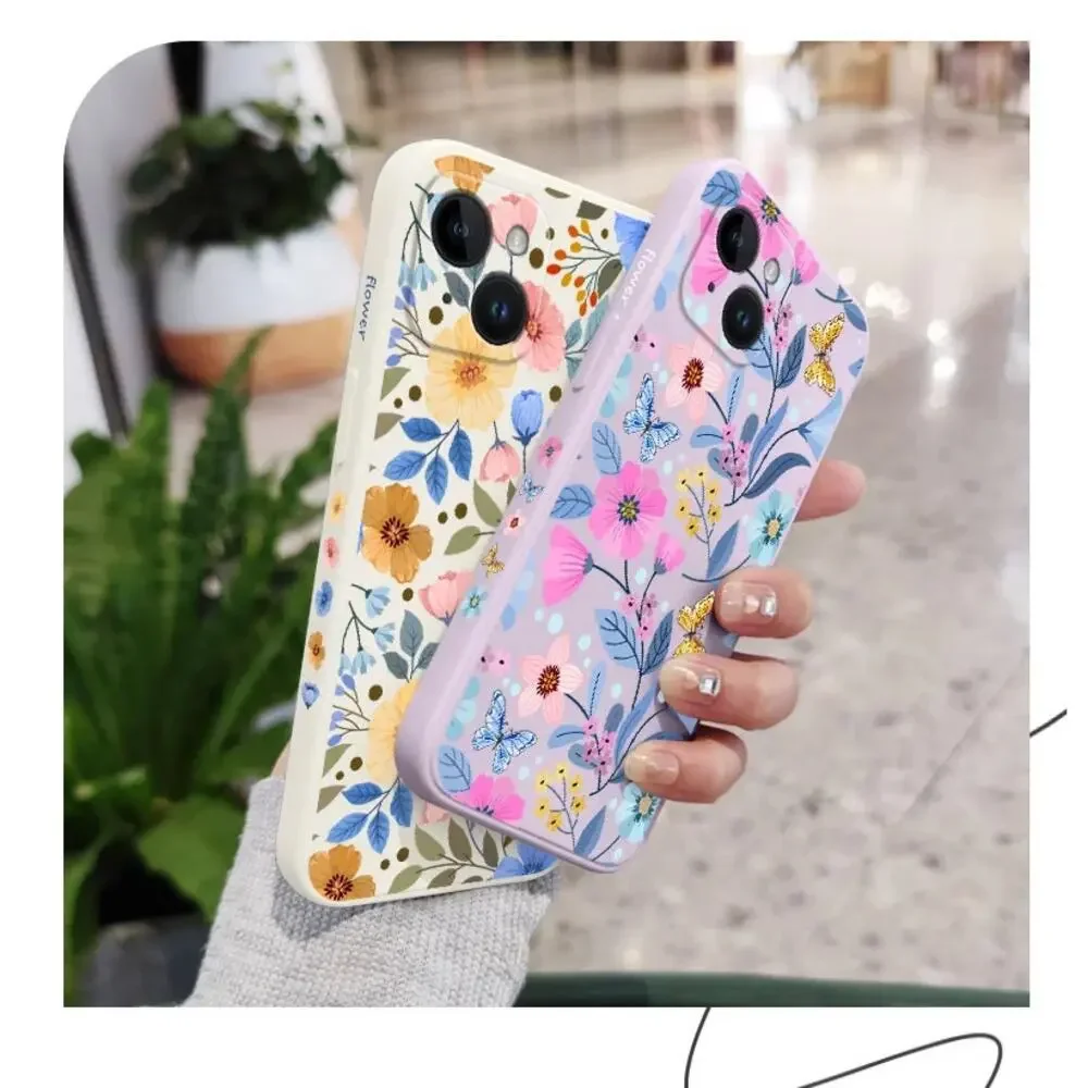 Purple Silicone iPhone‎ 15 Pro Case with Pink and Blue Floral Design